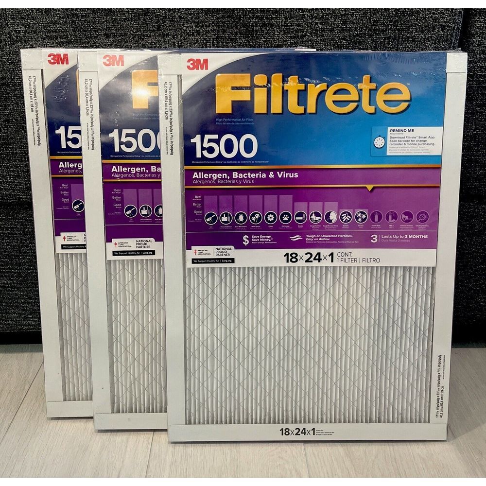 Lot Of Three: 3M Filtrete 18 X 24 X 1 1500 MPR Allergen Bacteria & Virus Smart